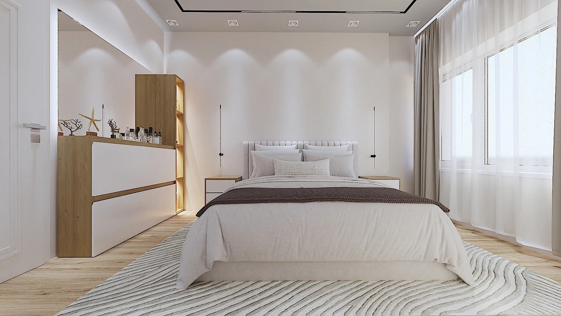Galeria 24 Pamje ballore e dhomës së gjumit moderne me krevat dopio me testierë të bardhë, komodina anësore, ndriçues varese minimalist dhe dritare të madhe - Interior design apartamenti nga Studio Arkitekture