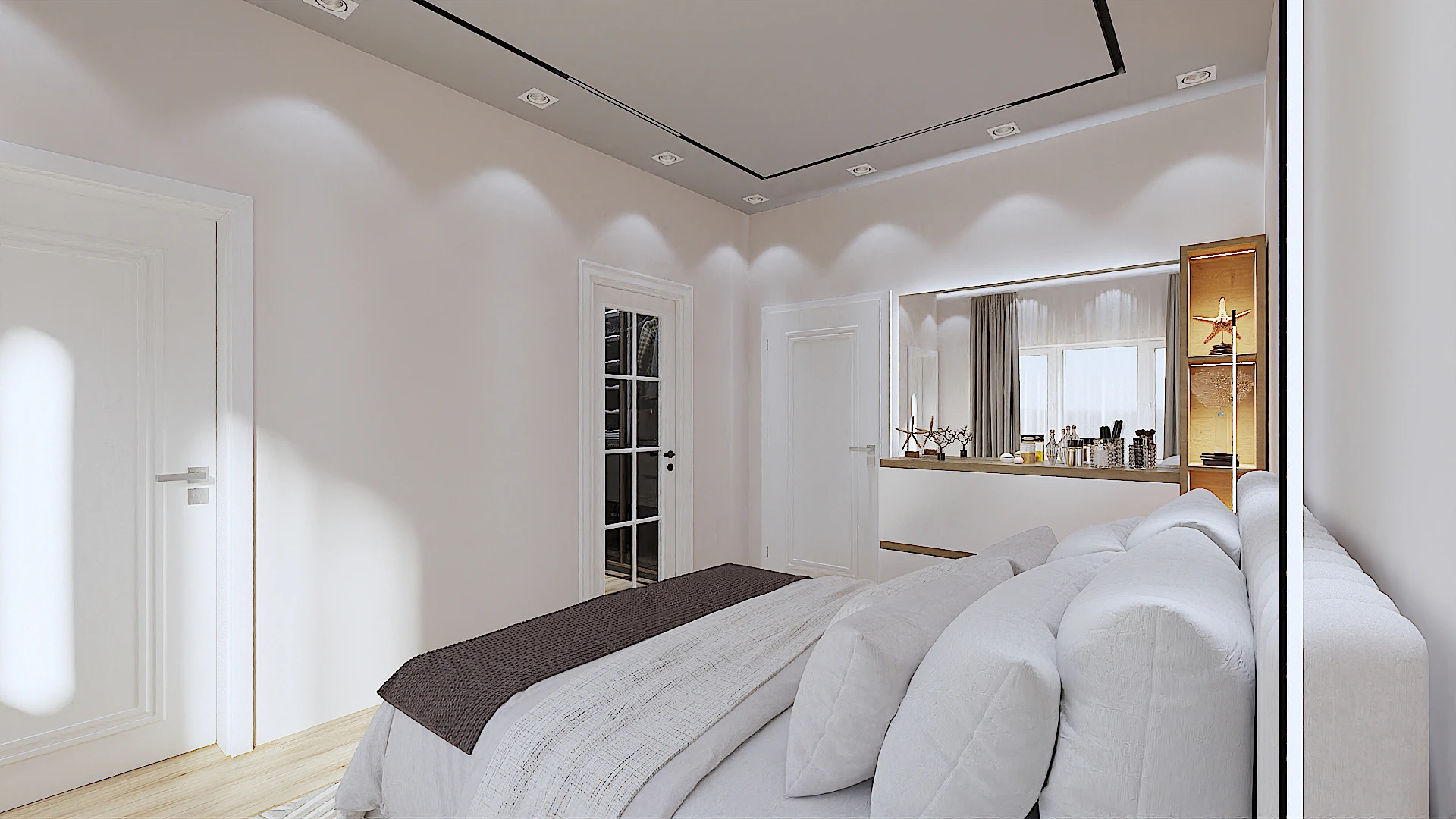 Galeria 22 Dhomë gjumi moderne me krevat të bardhë dopio, komo druri me pasqyrë, komodina dhe tapet me teksturë - Projekt interior design nga Studio Arkitekture