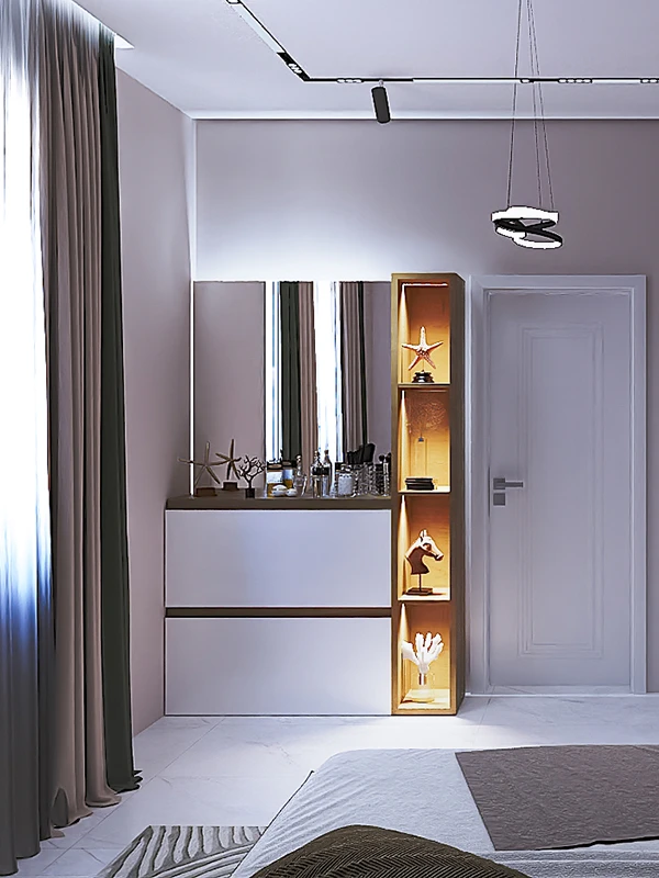 Galeria 8 Zona e tualetit/komosë në dhomë gjumi me mobilje të bardhë dhe dru, pasqyrë të madhe, rafte dekorative me ndriçim dhe derë të bardhë - Interior design nga Studio Arkitekture