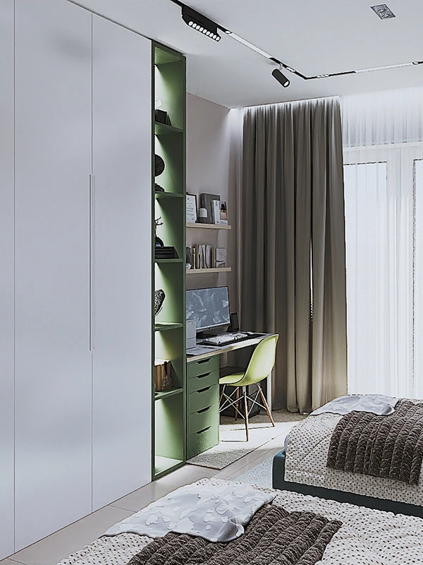 Galeria 9 Këndi i studimit në dhomën e fëmijëve i integruar me garderobën e bardhë, me rafte dhe skrivani jeshile, kompjuter dhe karrige - Dizajn dhome fëmijësh nga Studio Arkitekture