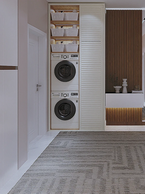 Galeria 10 Zgjidhje kompakte lavanderie me lavatriçe dhe tharëse të integruara në dollap pranë hyrjes me panel druri vertikal - Interior design funksional nga Studio Arkitekture
