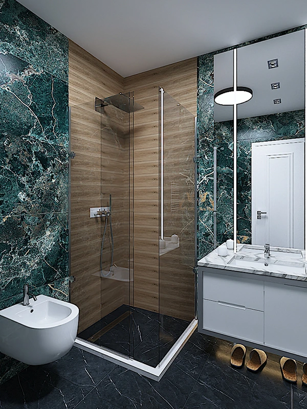 Galeria 11 Banjë luksoze me pllaka të errëta stil mermeri, kabinë dushi me xham dhe veshje druri brenda, mobilje lavamani të bardhë dhe bidet - Projekt interior design nga Studio Arkitekture