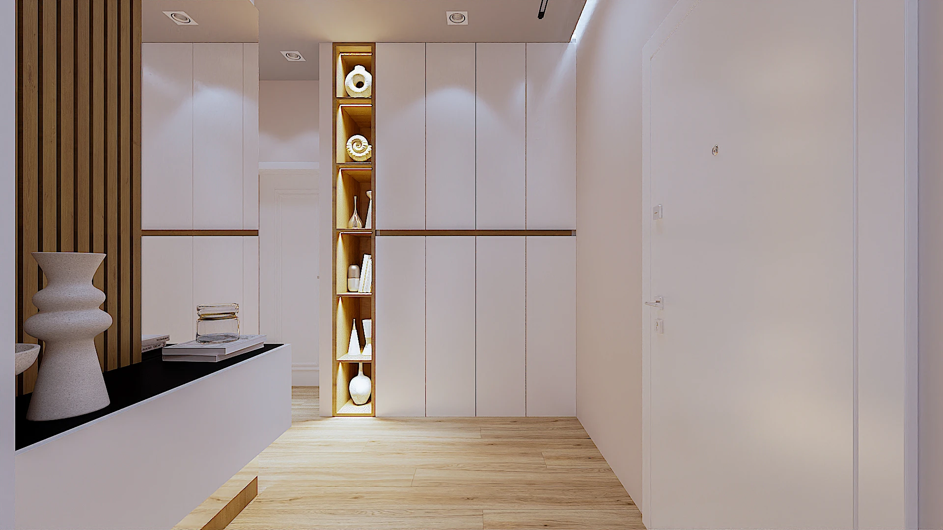 Galeria 33 Korridor hyrje me dollapë të mëdhenj të bardhë të integruar nga dyshemeja në tavan, me rafte të hapura dekorative me teksturë druri dhe ndriçim LED - Dizajn interior minimalist nga Studio Arkitekture