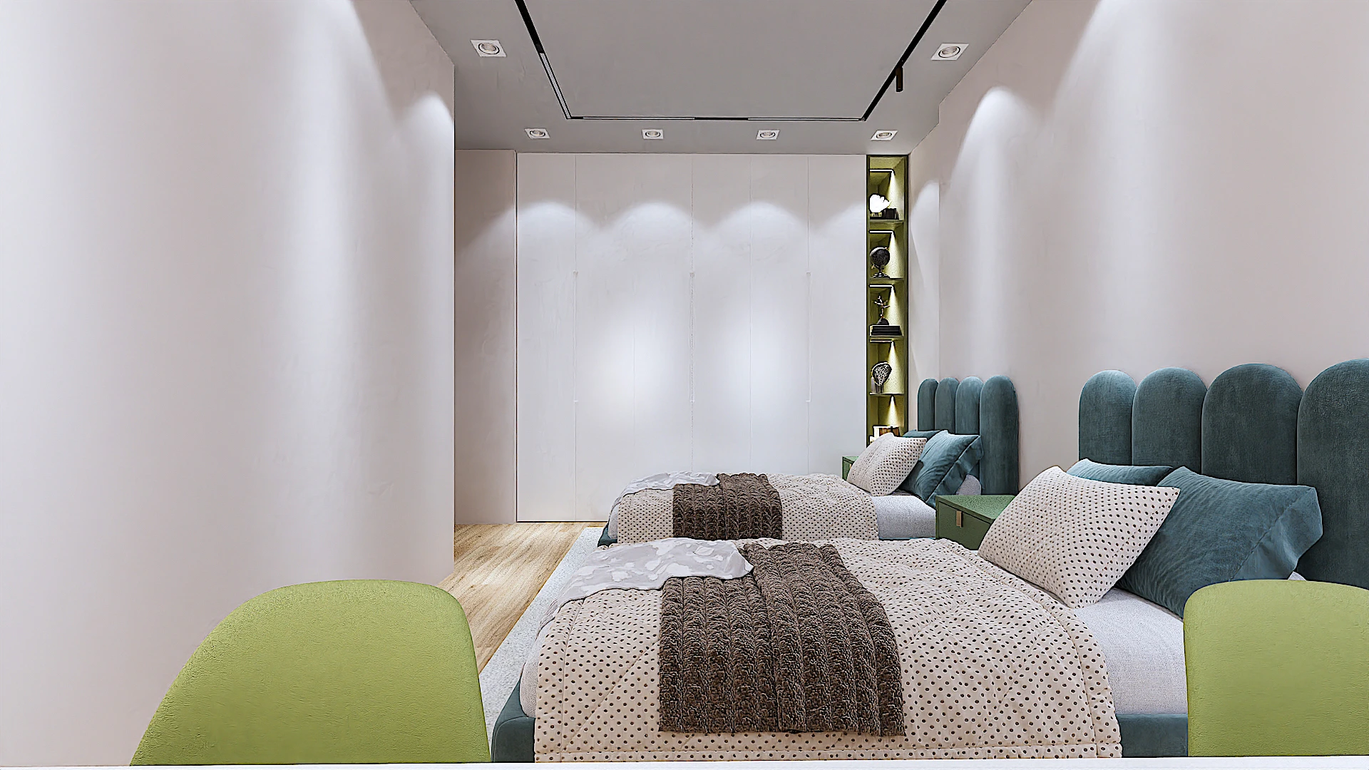 Galeria 26 Dhomë fëmijësh moderne me dy krevate tek me testierë ngjyrë blu e errët/tirkiz, garderobë e bardhë e integruar dhe rafte dekorative - Pamje nga pas karrigeve jeshile - Interior design nga Studio Arkitekture