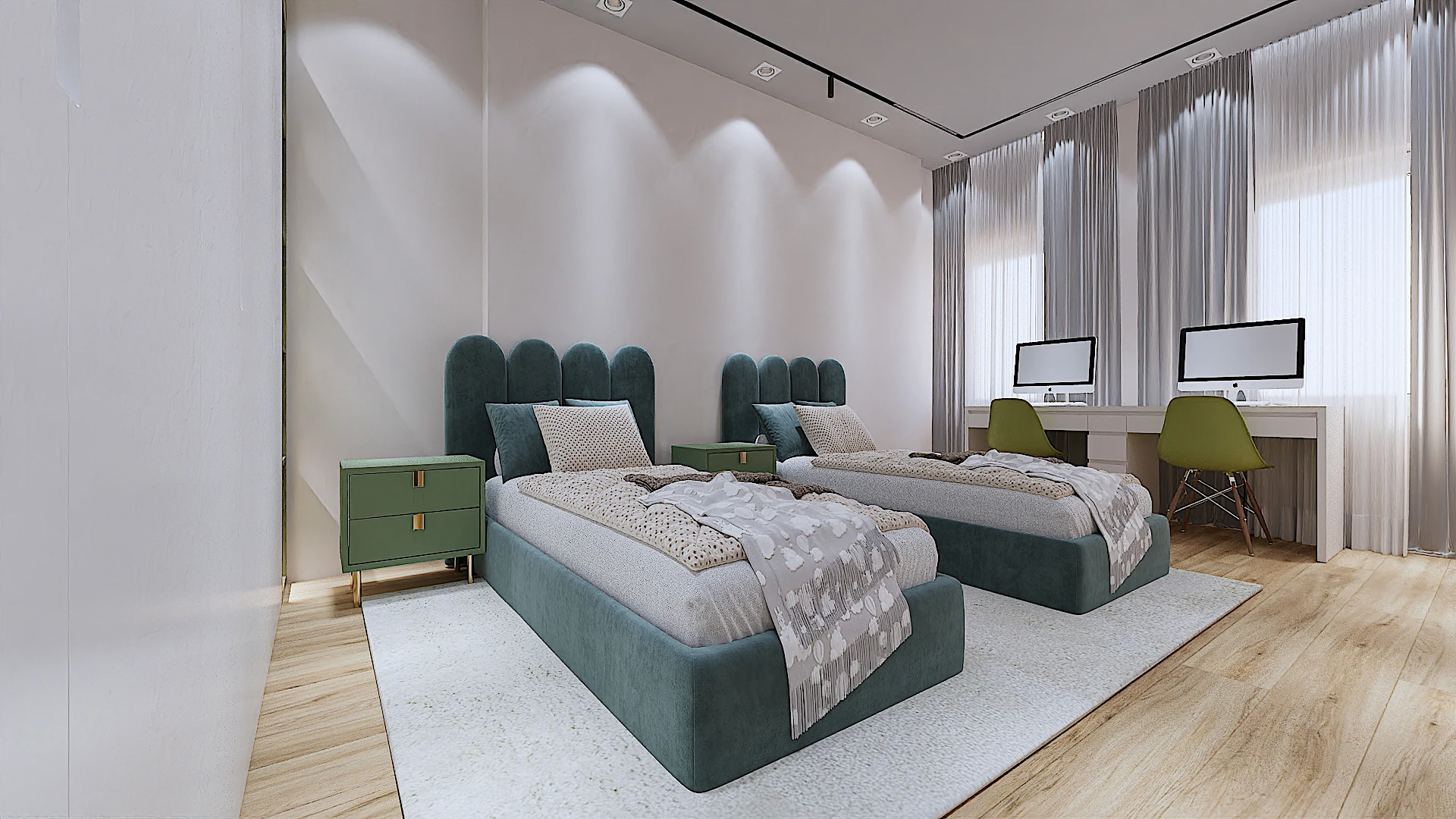 Galeria 27 Pamje e gjerë e dhomës së fëmijëve me dy krevate tek ngjyrë tirkiz, zonë studimi me skrivani dopio të bardhë, kompjuterë dhe karrige jeshile - Interior design modern nga Studio Arkitekture