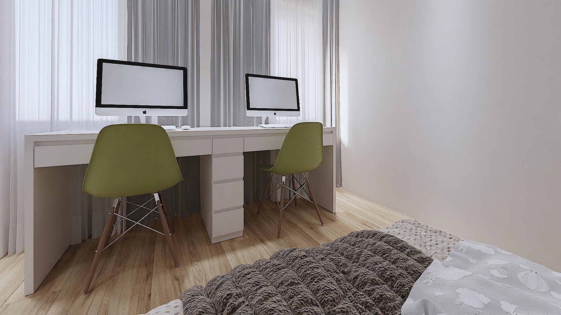 Galeria 25 Zona e studimit në dhomën e fëmijëve me skrivani të bardhë dopio, dy kompjuterë iMac dhe karrige jeshile moderne stil Eames - Detaj interior design nga Studio Arkitekture