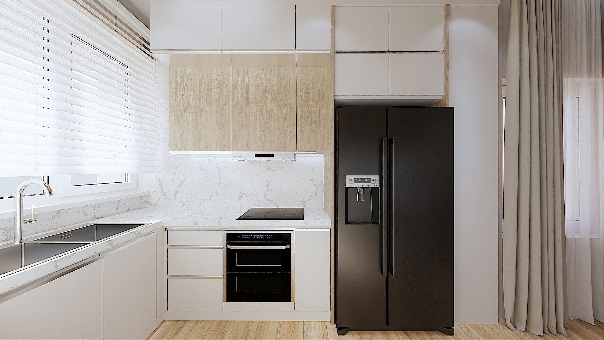 Galeria 21 Kuzhinë moderne me frigorifer të zi side-by-side, furrë të integruar, pianurë induksioni dhe dollapë të bardhë - Detaj interior design Tirane nga Studio Arkitekture