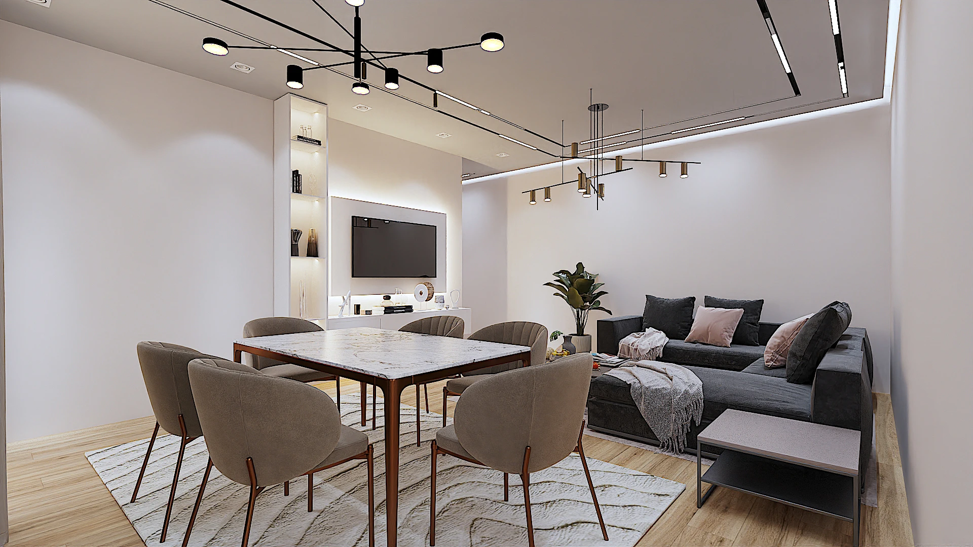 Galeria 12 Zonë ngrënie me tavolinë mermeri dhe karrige bezhë në plan të parë, me zonën e ndenjes dhe ndriçim modern në sfond - Projekt interior design nga Studio Arkitekture