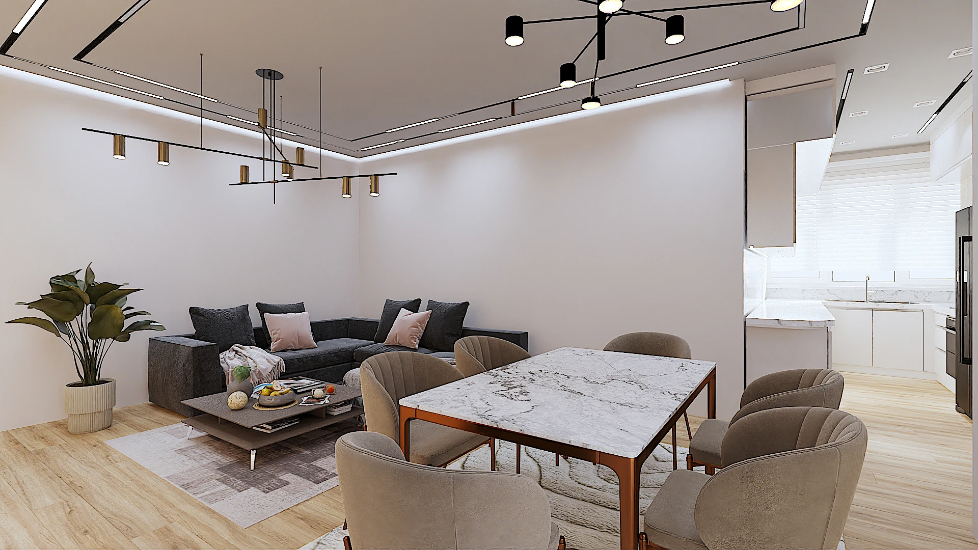 Galeria 14 Pamje e dhomës së ndenjes dhe ngrënies me theks te ndriçimi linear në tavan dhe shikim drejt kuzhinës - Interior design modern realizuar nga Studio Arkitekture