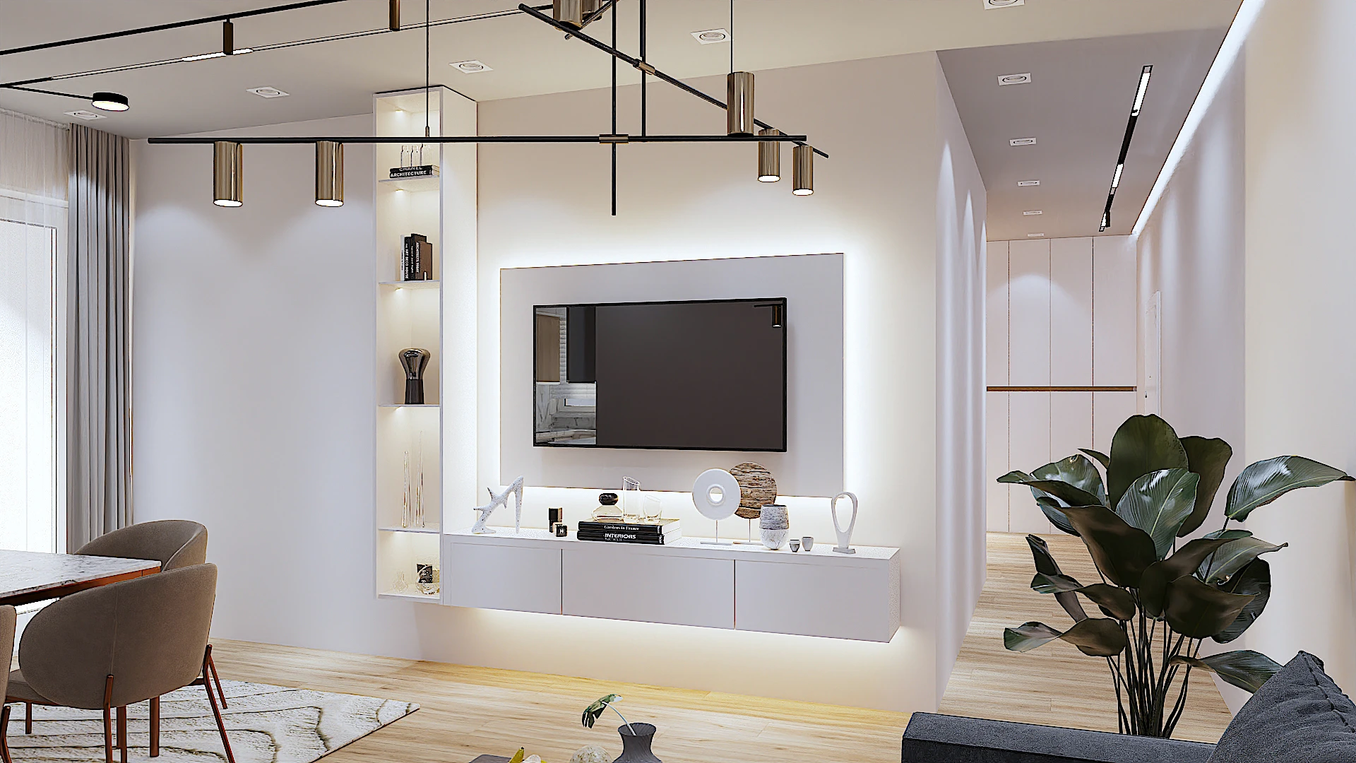 Galeria 13 Detaj i murit të TV me ndriçim të integruar LED, rafte dekorative dhe mobilje e bardhë moderne - Projekt interior design apartamenti nga Studio Arkitekture