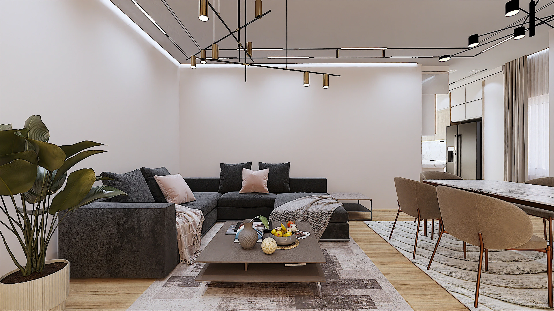 Galeria 15 Këndi i ndenjes me divan të madh gri, jastëkë dekorativë rozë dhe tavolinë mesi drejtkëndore - Apartament modern, interior design nga Studio Arkitekture