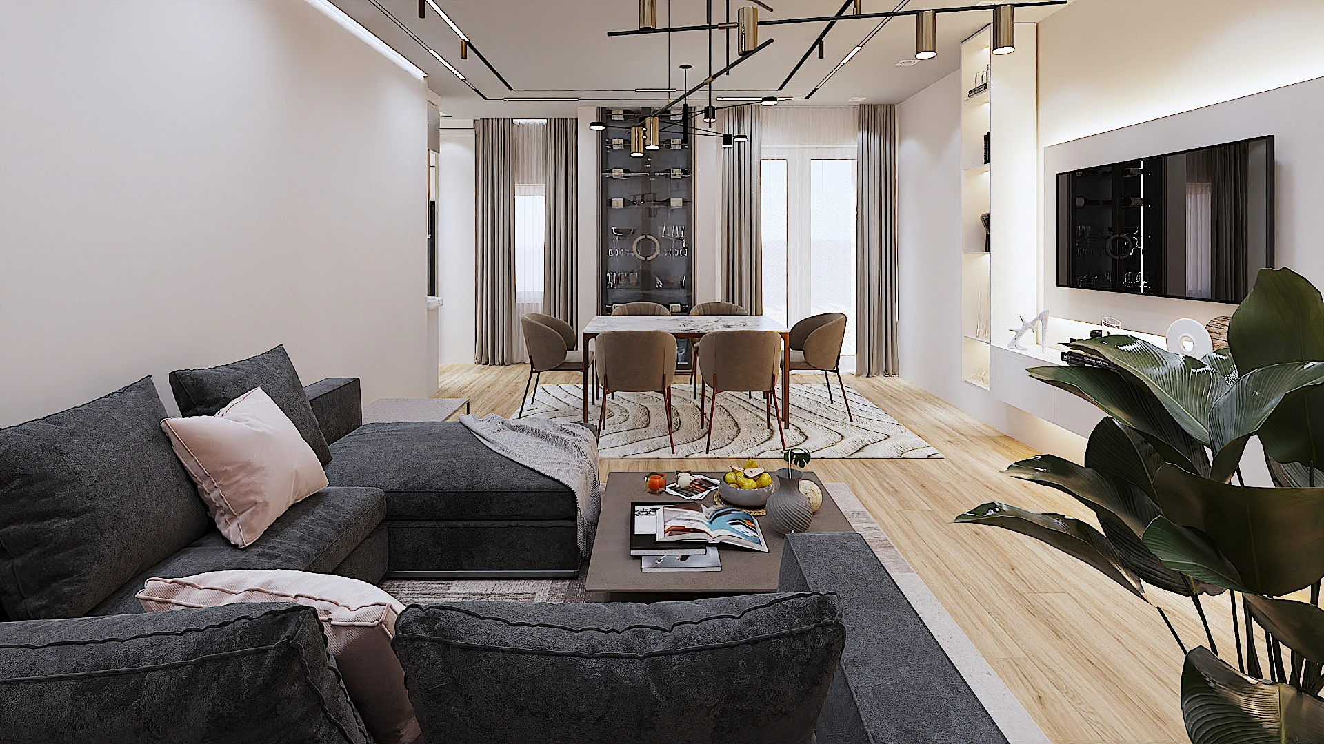 Galeria 18 Pamje nga niveli i divanit drejt zonës së ngrënies, me theks te thellësia e hapësirës dhe ndriçimi - Projekt interior design nga Studio Arkitekture