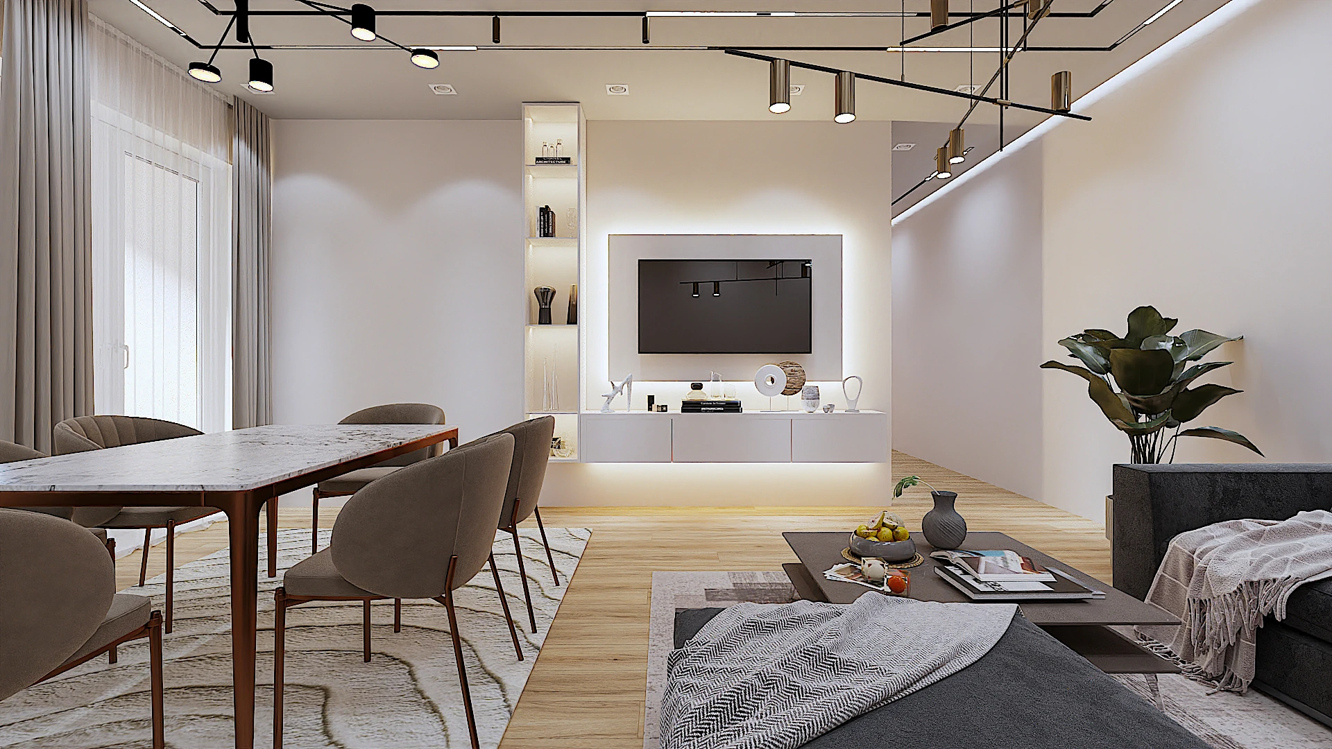 Galeria 17 Pamje e kombinuar e zonës së ndenjes dhe ngrënies duke përfshirë murin e TV dhe dritaren me perde - Interior design apartamenti nga Studio Arkitekture