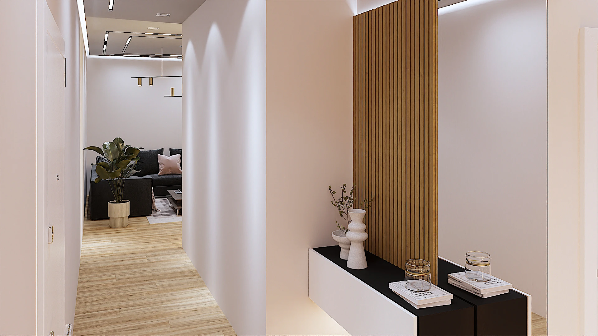 Galeria 34 Pamje nga korridori duke treguar konsolën hyrëse me panel druri vertikal (listela), pasqyrë dhe shikim drejt zonës së ndenjes në sfond - Projekt interior design apartamenti nga Studio Arkitekture
