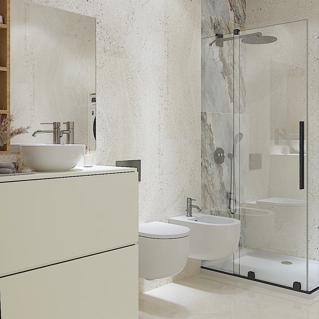 Galeria 40 Banjë moderne me lavaman të rrumbullakët mbi mobilje ngjyrë kremi, WC dhe bidet të varura, dhe kabinë dushi me xham dhe pllaka mermeri në sfond - Interior design nga Studio Arkitekture