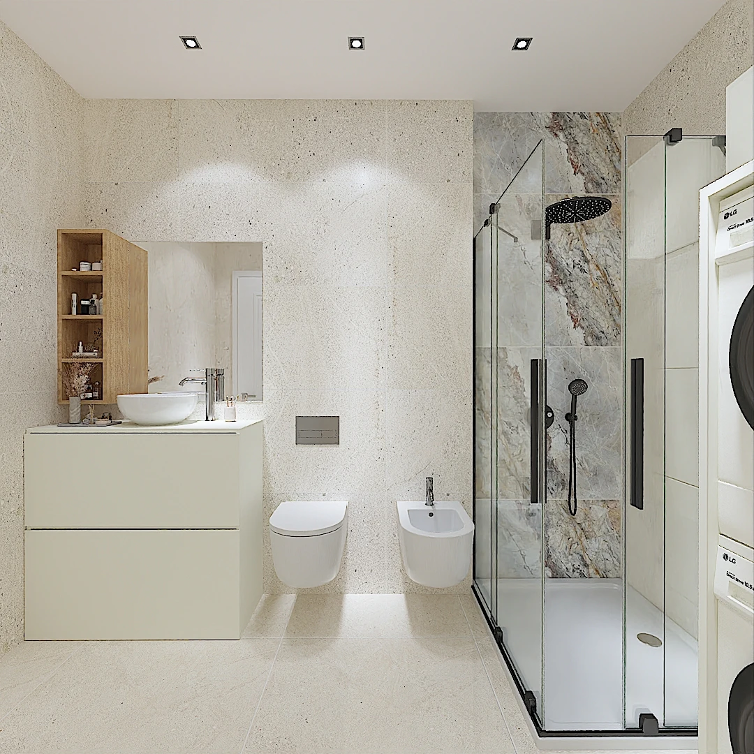 Galeria 41 Pamje e përgjithshme e banjës moderne me mobilje lavamani ngjyrë kremi dhe dru, WC/bidet të varura, kabinë dushi me pllaka mermeri dhe zonë lavanderie - Interior design nga Studio Arkitekture