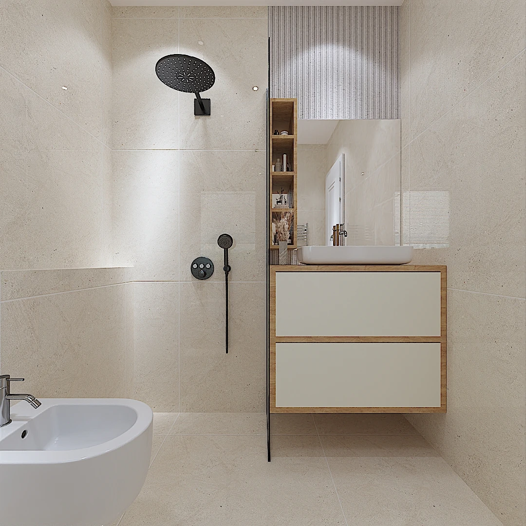 Galeria 35 Banjë moderne me pllaka bezhë, dush me kokë të zezë shiu, lavaman i vendosur mbi mobilje druri/bardhë me rafte anësore dhe bidet - Interior design nga Studio Arkitekture