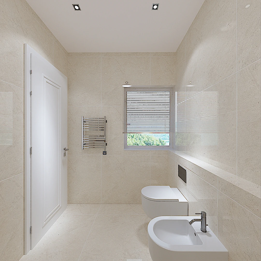 Galeria 36 Pamje e banjës duke treguar WC e varur, bidet, ngrohëse peshqirësh kromuar, dritare me grilë veneciane dhe derë të bardhë - Projekt interior design nga Studio Arkitekture