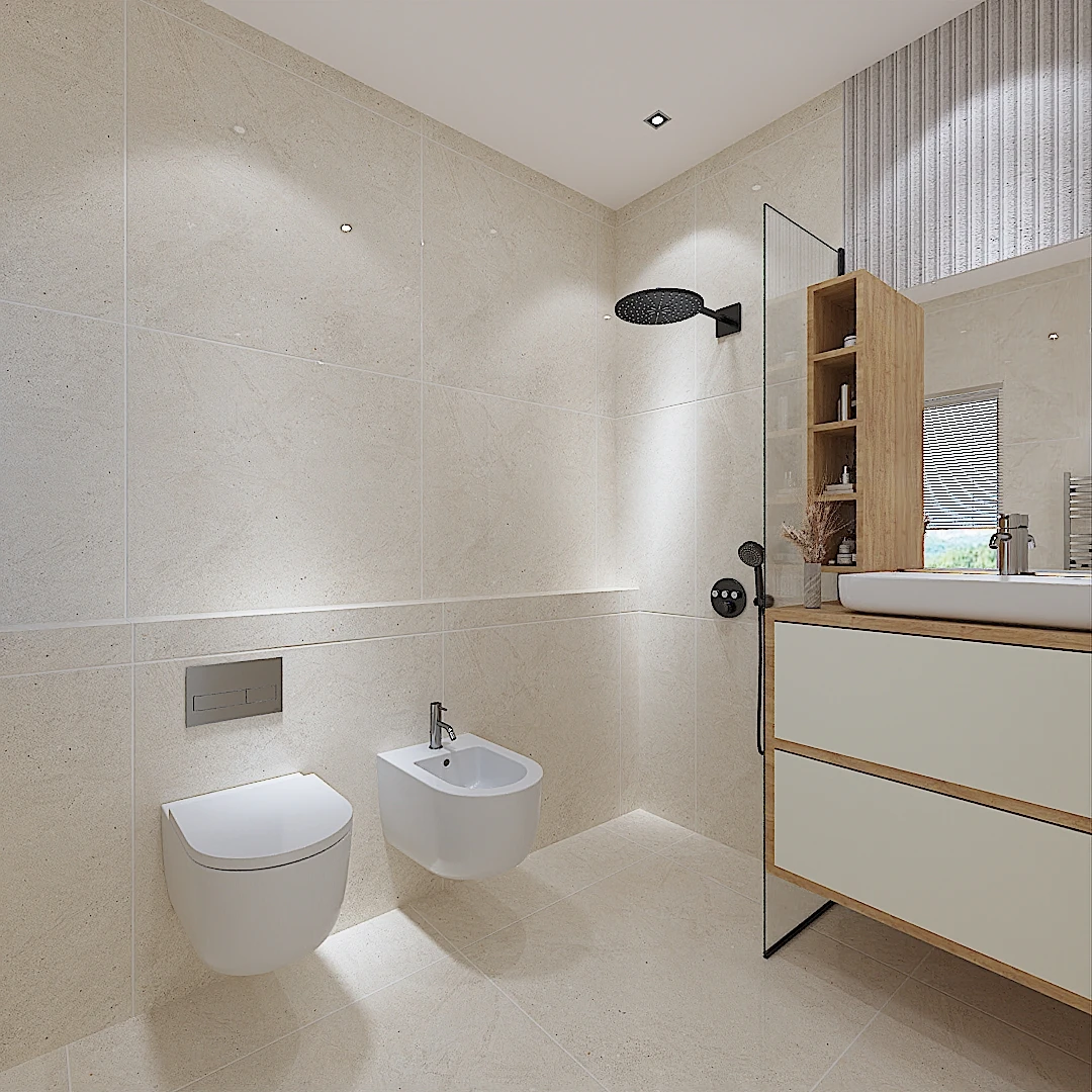 Galeria 37 Pamje e përgjithshme e banjës moderne me pllaka bezhë, WC dhe bidet të varur, zonë dushi me xham dhe mobilje lavamani druri/bardhë - Interior design nga Studio Arkitekture