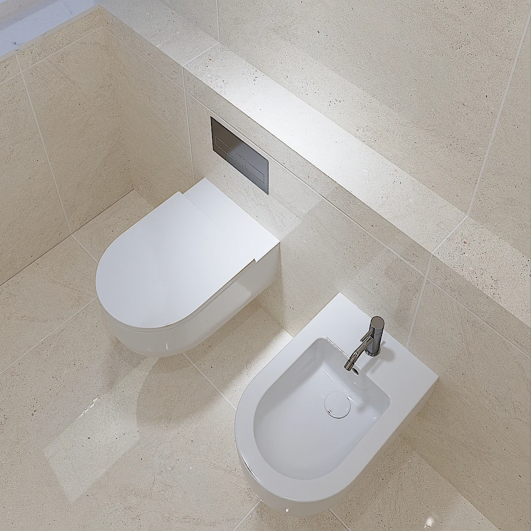 Galeria 39 Detaj nga lart i WC dhe bidetsë së varur të bardhë në banjë me pllaka bezhë - Detaj interior design nga Studio Arkitekture